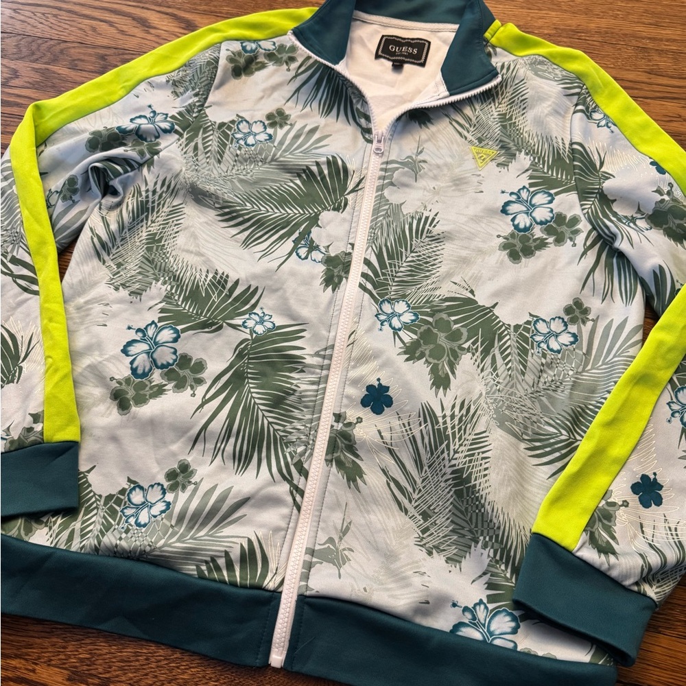 #606 GUESS Floral/ PALM PRINT WARMUP Jacket - Green and Blue - Picture 11 of 15